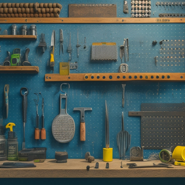 A well-organized pegboard with various tools and accessories, including a hammer, level, pliers, screwdrivers, and wrenches, arranged in a visually appealing and space-efficient manner.