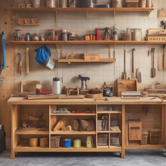 A clutter-free woodworking workshop with a pegboard adorned with neatly hung tools, a wooden workbench with built-in storage, and a wall-mounted shelving unit holding labeled bins and baskets.