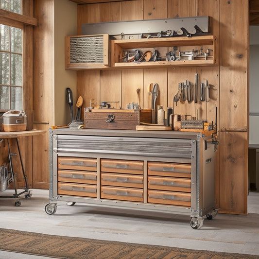A clutter-free workshop with a sleek, silver rolling tool chest featuring 5-7 drawers of varying sizes, surrounded by neatly organized hand tools and machinery, with a subtle wood grain background.