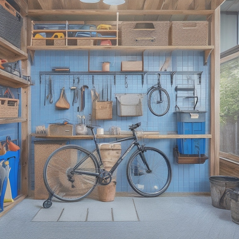 A clutter-free small garage with a pegboard on the back wall, hooks holding bikes and tools, and a DIY shelving unit made from wooden crates and metal pipes, with a few hand tools and a toolbox on the floor.