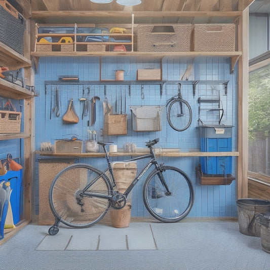 A clutter-free small garage with a pegboard on the back wall, hooks holding bikes and tools, and a DIY shelving unit made from wooden crates and metal pipes, with a few hand tools and a toolbox on the floor.