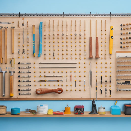 An organized workshop with a custom pegboard system, featuring a mix of wooden and metal pegs, holding various tools and accessories, such as hammers, wrenches, and measuring tapes, against a clean, white background.