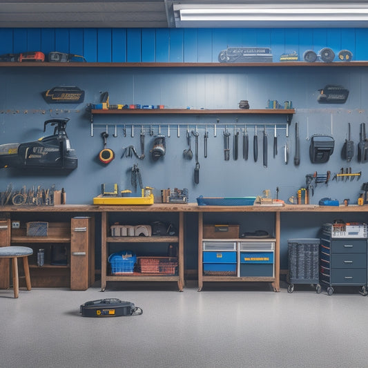 A well-organized garage workshop with a pegboard-covered wall, labeled bins, and a sturdy workbench in the center, surrounded by neatly arranged tools and a few sleek, high-performance vehicles in the background.