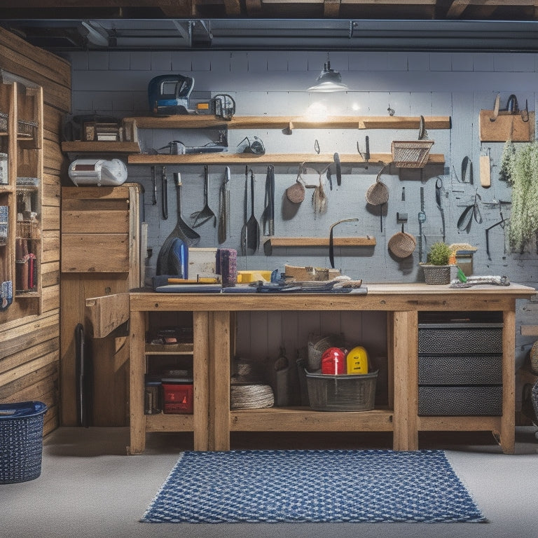 A well-lit, clutter-free garage with a sturdy workbench featuring multiple organizers, including a pegboard with hooks, a tool chest, and a slatwall with baskets, all in a sleek, modern design.