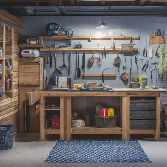 A well-lit, clutter-free garage with a sturdy workbench featuring multiple organizers, including a pegboard with hooks, a tool chest, and a slatwall with baskets, all in a sleek, modern design.