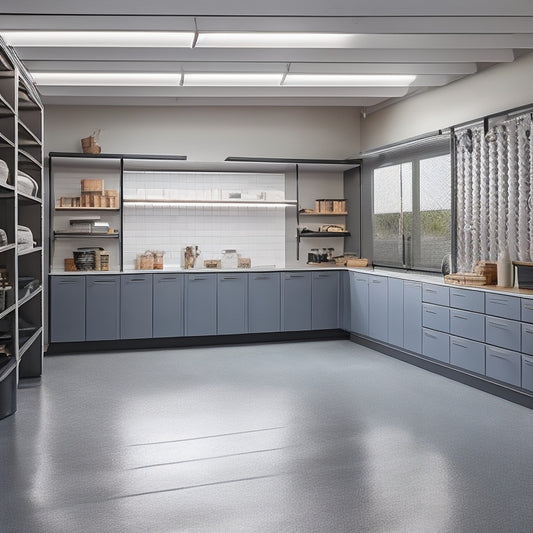 A serene, well-organized garage interior with a sleek, metallic gray epoxy floor, slatted wooden cabinets, and a few strategically placed hooks, illuminated by soft, warm overhead lighting.