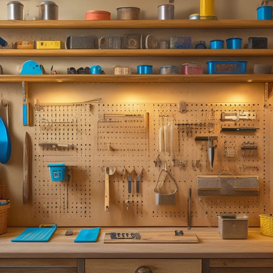 A pegboard with a wooden or metal frame, adorned with an array of tools and accessories in a harmonious, organized layout, with various hooks, bins, and holders in a bright, well-lit workshop setting.