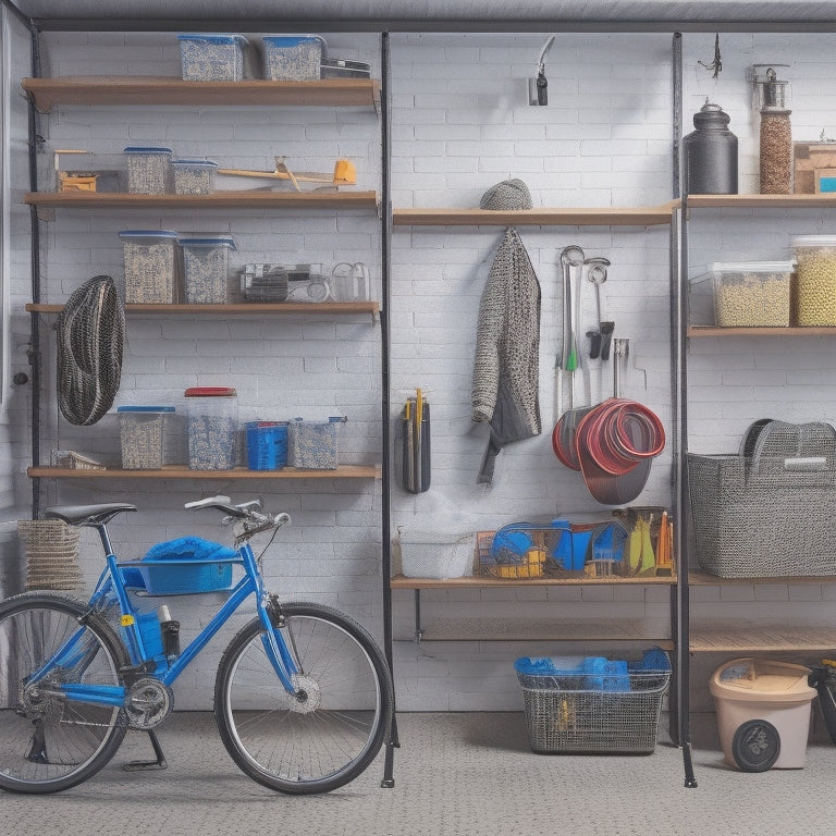 A well-organized garage with pegboard shelving, featuring various tools and accessories hung from hooks, bins, and baskets, with a few bikes and storage containers on the floor.