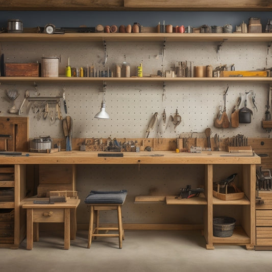 A clutter-free workshop with a sturdy, wooden workbench featuring a vice, measuring tape, and various hand tools organized on pegboards and in drawers, surrounded by well-lit, neutral-colored walls.