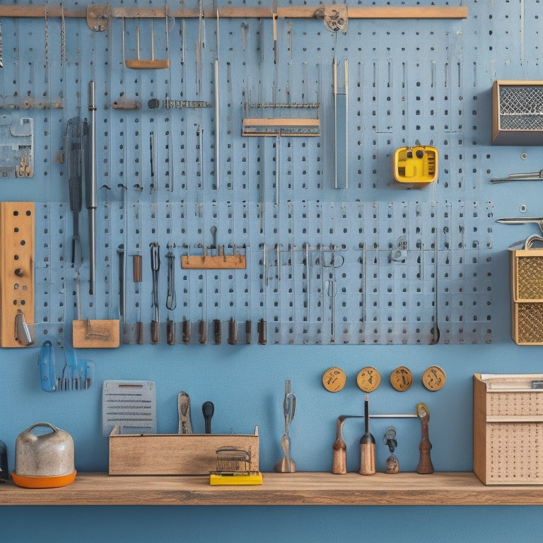 A pegboard with a mix of metal and wood accents, surrounded by tools of various shapes and sizes, with hooks, bins, and holders organized in a visually appealing, symmetrical layout.