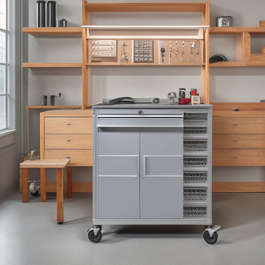 A sleek, metallic tool cabinet on wheels with multiple drawers and a built-in pegboard, set against a clean, light-gray background, with a hint of a workshop or garage in the blurred distance.