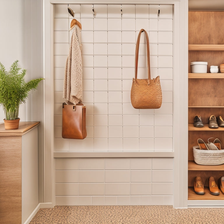 A modern, minimalist mudroom with a large, rectangular pegboard organizer in a warm, honey-brown wood tone, adorned with sleek, silver hooks and baskets, against a crisp, white wall.