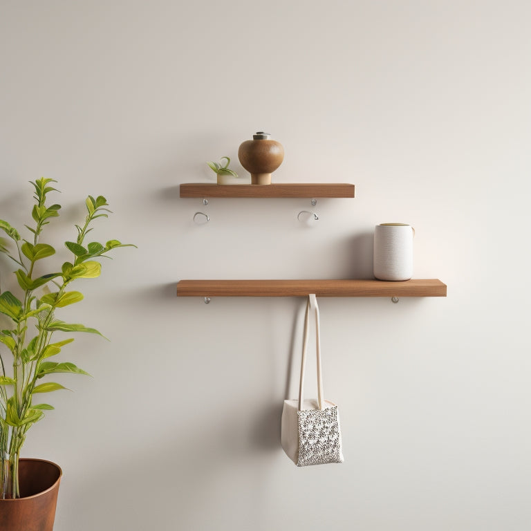 A modern, minimalist interior with a wall-mounted hook shelf system featuring three sturdy hooks and a sleek, rectangular shelf in a warm wood tone, against a crisp white wall.