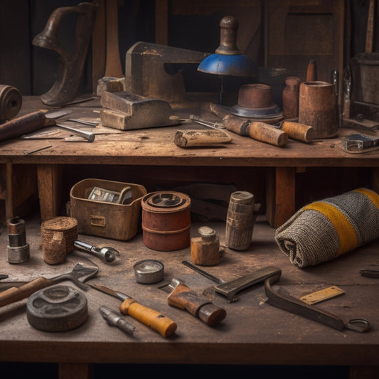 A cluttered workbench with various Stanley hand tools scattered across it, including a tape measure coiled around a rusty hammer, a level propped against a worn wooden vice, and pliers tangled with a roll of twine.