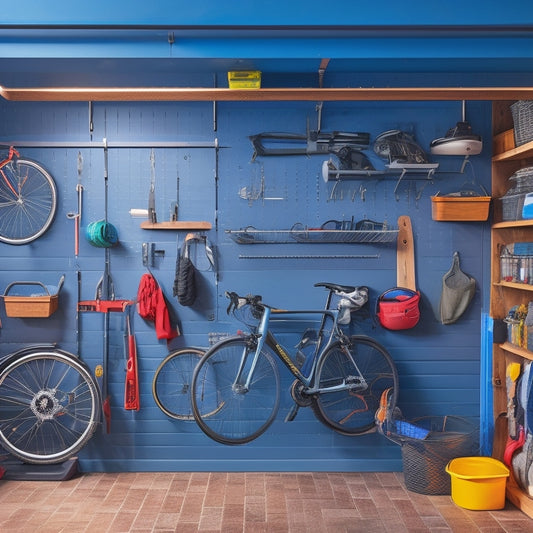 A clutter-free garage with a large, dark-gray pegboard covering an entire wall, featuring various tools and accessories organized on hooks, bins, and shelves, with a few bicycles and sports equipment hung from the ceiling.