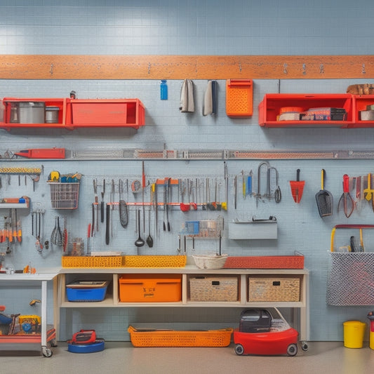 A beautifully organized garage workshop with a large, sleek pegboard on the wall, adorned with an assortment of colorful tools, baskets, and hooks, against a clean, light-gray background.