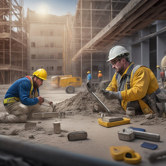 A illustration of a busy construction site with a contractor in the foreground, surrounded by scattered keys and tools, with a faint image of a digital keychain on their phone in the background.