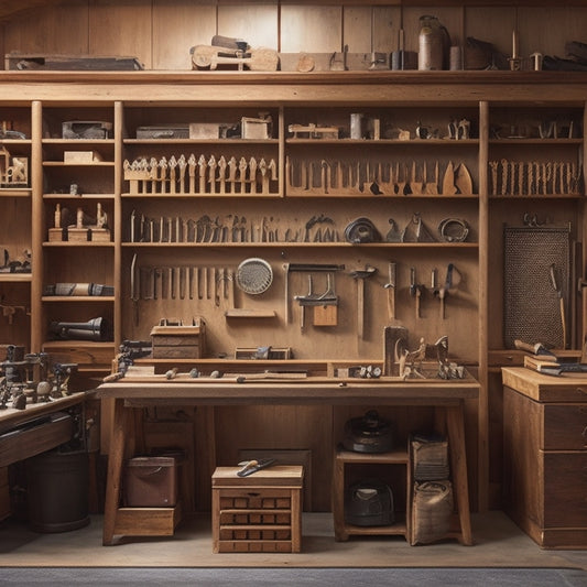 A well-organized woodworking shop with a pegboard on the wall, holding various tools and accessories, alongside a wooden cabinet with labeled drawers and a rolling tool chest with open compartments.
