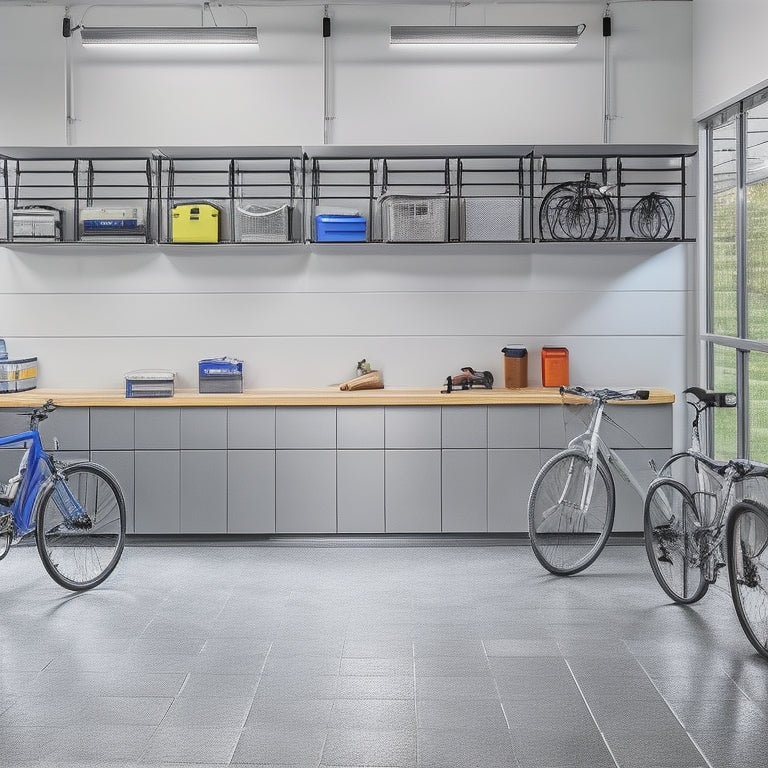 A well-organized garage interior with sleek, silver shelving units, holding various storage bins, tools, and equipment, against a light gray concrete floor and white walls, with a few bicycles and a workbench in the background.