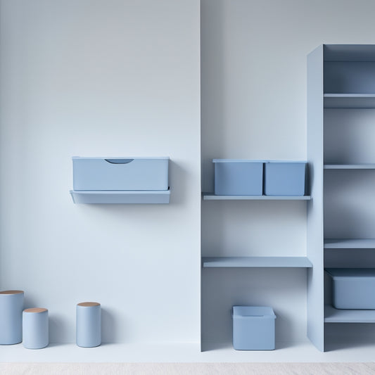 A minimalist shelf with five identical, small, rectangular storage bins in a soft blue color, each with a slight overlap, showcasing maximized vertical space.