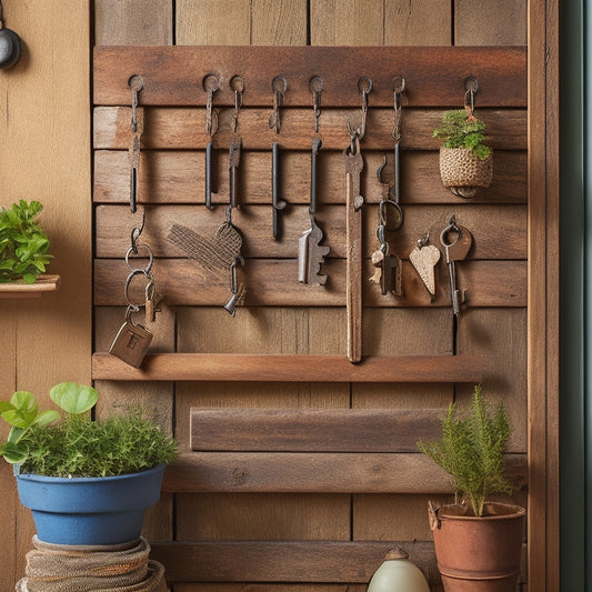 A wooden key holder with 5 hooks, adorned with a small potted plant, placed on a rustic wooden wall with a few keys hanging, surrounded by DIY tools and a subtle background of a workshop.