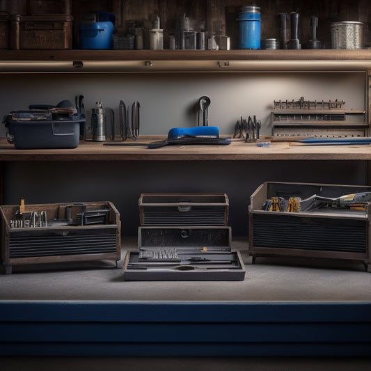 A clutter-free workbench with three compact toolboxes of varying sizes, each with a distinct design, open to reveal organized arrays of wrenches, pliers, and screwdrivers in a well-lit, minimalist background.