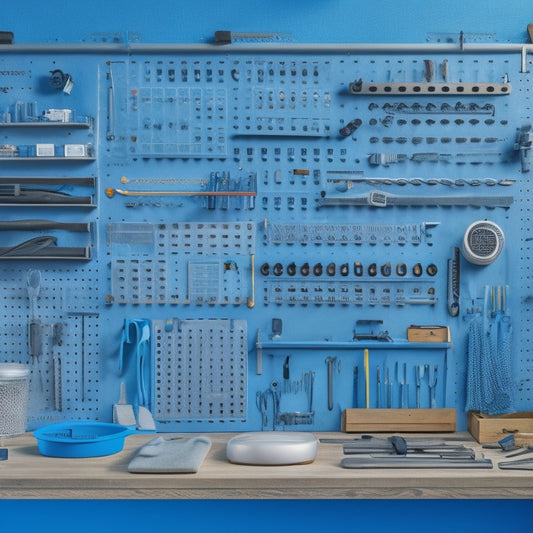 A well-organized workshop with a large, wall-mounted pegboard as the centerpiece, surrounded by various tools, accessories, and gadgets, with a subtle gradient of light blues and grays.