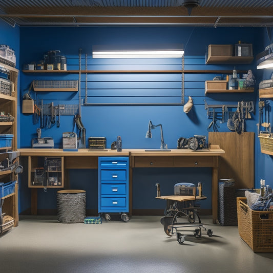 A well-lit, organized garage workshop with a central workstation, pegboard with neatly hung tools, and a slatwall with baskets and bins, surrounded by a polished concrete floor and wooden cabinets.