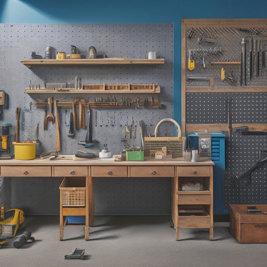 A well-organized workshop with a pegboard holding a variety of hand tools, a rolling cabinet with labeled drawers, and a wall-mounted folding workbench with a built-in vice.