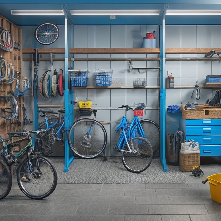 A well-organized garage with three wall-mounted storage bin racks, each holding three bins of varying sizes, surrounded by neatly arranged tools and a few bicycles in the background.