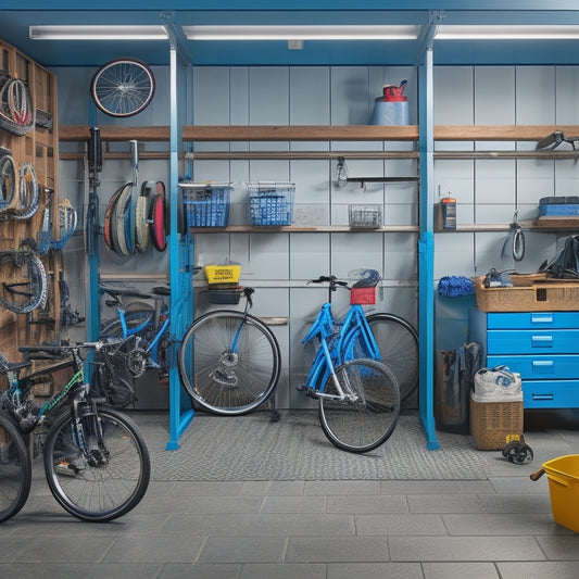 A well-organized garage with three wall-mounted storage bin racks, each holding three bins of varying sizes, surrounded by neatly arranged tools and a few bicycles in the background.