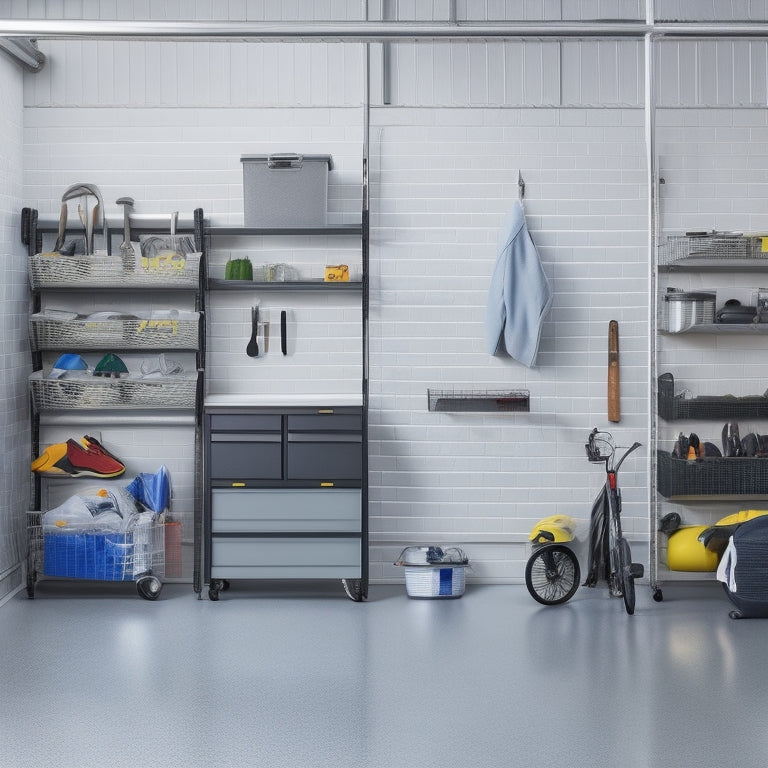 A tidy garage with polished concrete floors, featuring three-tiered metal storage racks with baskets and bins, holding organized tools, sports equipment, and storage containers, against a bright white wall.