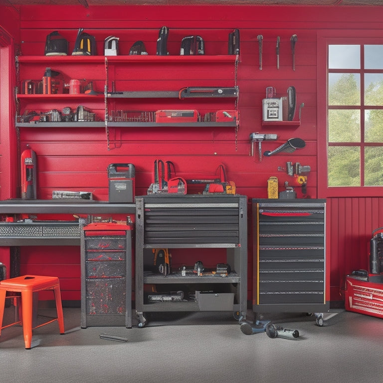 A clutter-free garage with a sleek, black, 26-inch tool chest centered, surrounded by neatly organized power tools, wrenches, and sockets on pegboards, with a red metal stool in the corner.