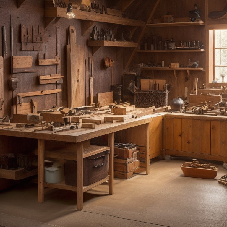 A clutter-free woodshop with organized tool stations, labeled bins, and a pegboard, featuring a centered workbench with a half-assembled wooden project, surrounded by neatly arranged wood planks and a few scattered wood shavings.