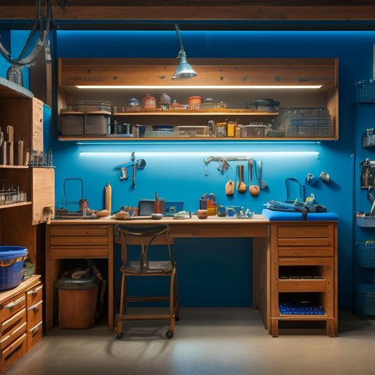 A well-lit, modern workshop with a pegboard on the wall, holding neatly hung tools, and a matching cabinet with labeled drawers, surrounded by a clean and clutter-free floor and workbench.