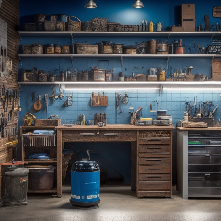 A tidy, well-lit garage workshop with a pegboard on the wall, holding various tools and accessories, and a matching cabinet with labeled drawers, surrounded by a clutter-free workspace.