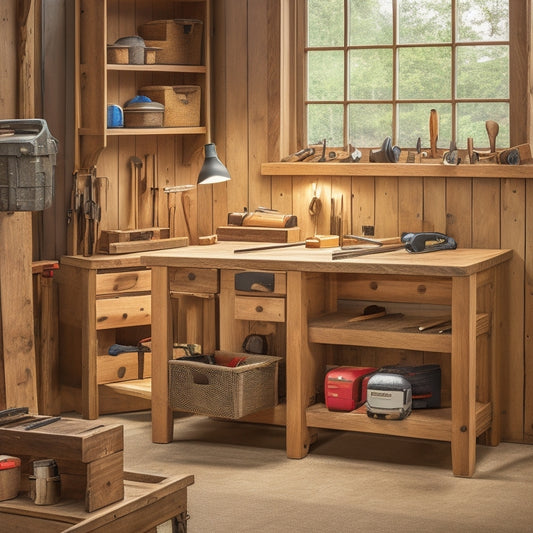 A clutter-free woodworking bench with a tablet mounted on a wooden stand, surrounded by organized toolboxes, a cordless drill, and a half-built wooden birdhouse, with a subtle wood grain background.