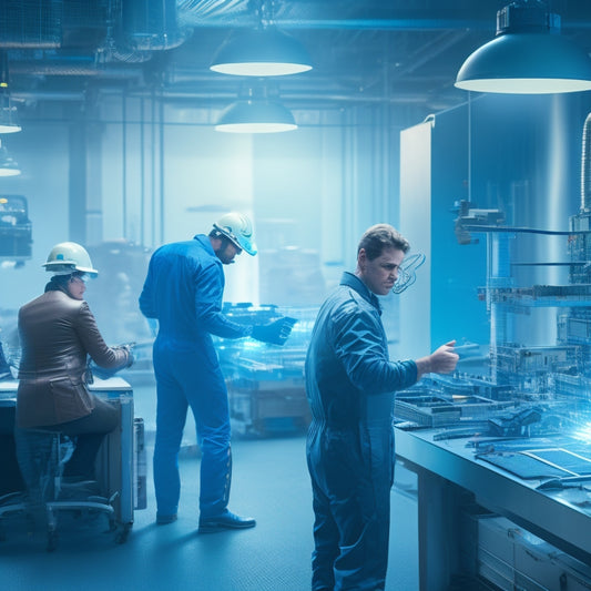 A futuristic factory floor with sleek, silver machinery, and a worker wearing an AR headset, gesturing at a holographic harness design floating above a workbench, surrounded by scattered blueprints and tools.