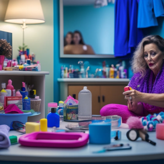 A frazzled mom, surrounded by toys and dirty laundry, sits in front of a cluttered vanity, holding a makeup brush and staring at a smartphone displaying a TikTok video.