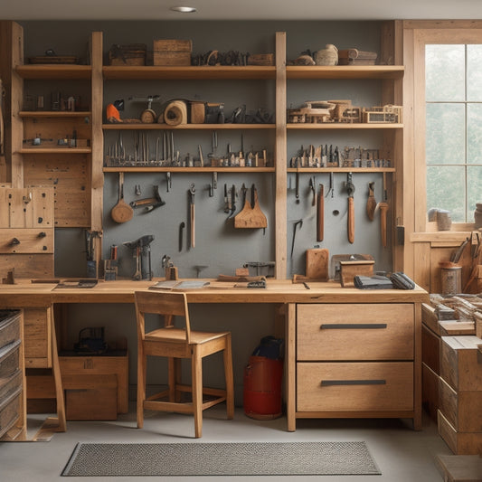 A well-organized woodworking workshop with a wall-mounted pegboard filled with neatly hung tools, a compact rolling cabinet with labeled drawers, and a tidy workbench with a few strategically placed tools.