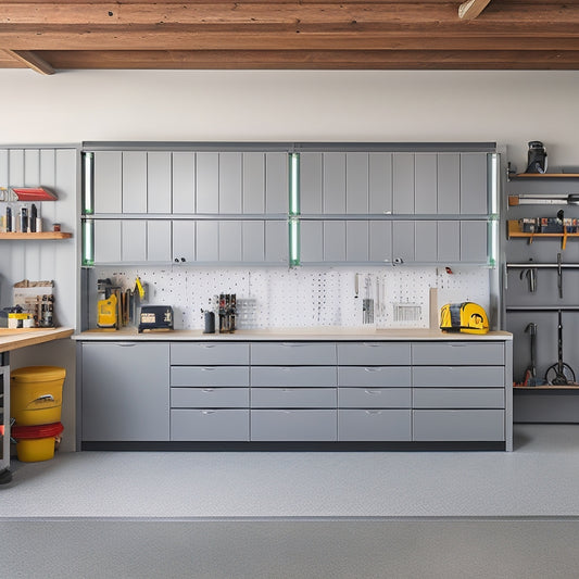 A bright, modern garage with sleek, gray cabinets, a slatted wooden workbench, and a pegboard with tools organized by type, surrounded by a polished concrete floor and plenty of natural light.