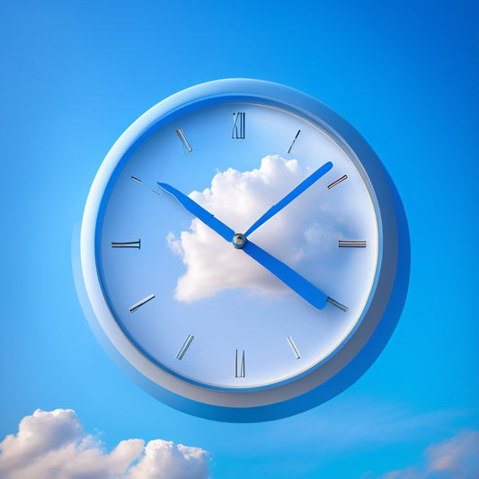 A serene, minimalist illustration of a clock face with gentle, swirling clouds surrounding it, set against a soothing blue background, with a subtle, shining light emanating from the clock's center.