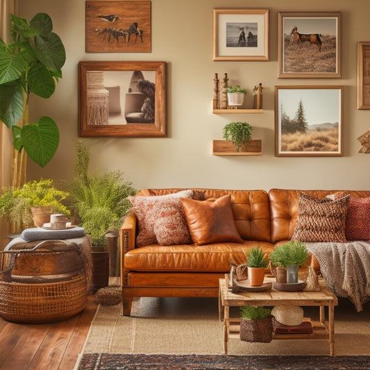 A warm and inviting living room with a DIY wooden pallet coffee table, a macrame plant hanger, and a gallery wall featuring nature-inspired artwork and vintage hunting gear.