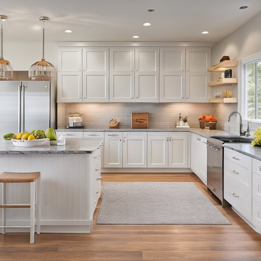 A bright, modern kitchen with a wall-mounted pot rack, pull-out pantry, and a large island with a built-in cooktop, surrounded by sleek white cabinets and gleaming hardwood floors.