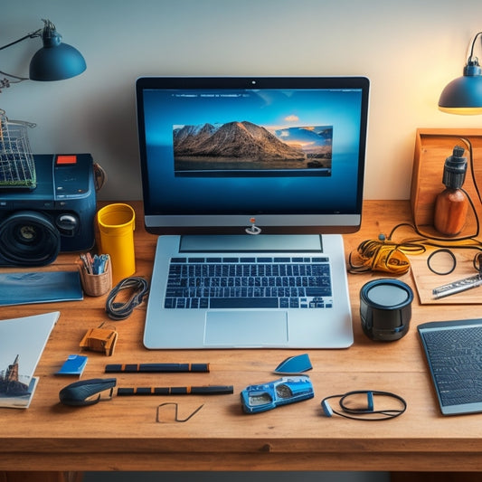 A clutter-free desk with a laptop, a small toolbox, and a few neatly organized cables, surrounded by abstract digital tool icons and subtle hints of a cloud storage background.