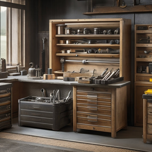 A well-organized workshop with a central, sturdy metal tool box featuring a rust-resistant finish, ball-bearing drawers, and a built-in tray for small parts, surrounded by various tools and machinery.