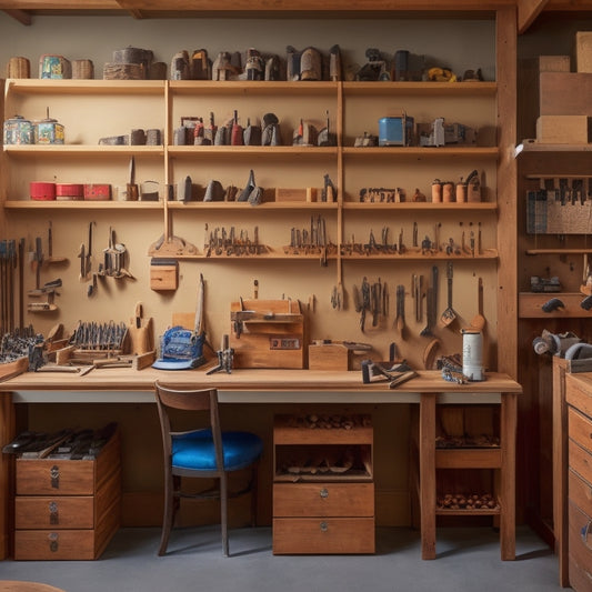 A well-organized woodworking shop with a pegboard covered in hanging tools, a rolling cabinet with labeled drawers, and a wall-mounted folding table, surrounded by neatly arranged power tools and workpieces.