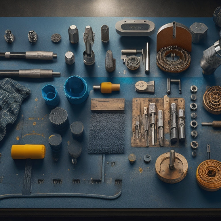 A clutter-free workshop background with a central rotating tool post, surrounded by a drill bit set, socket set, extension rods, and a few scattered tools, all arranged in an organized, curved pattern.