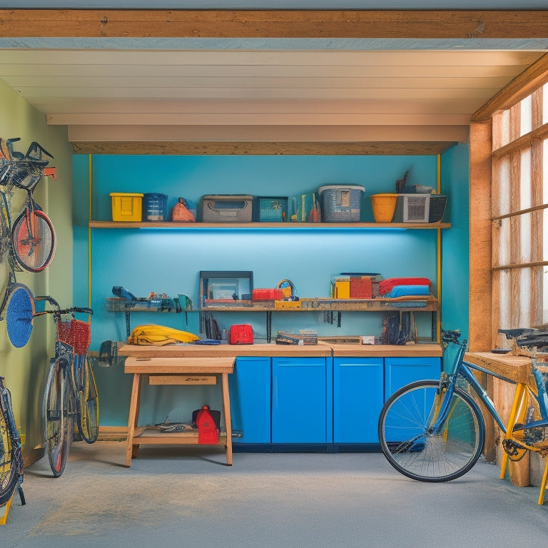 A clutter-free garage with three foldable workbenches in different stages of use: one fully extended with tools and a project, one partially folded with a bike on top, and one compactly stored against the wall.