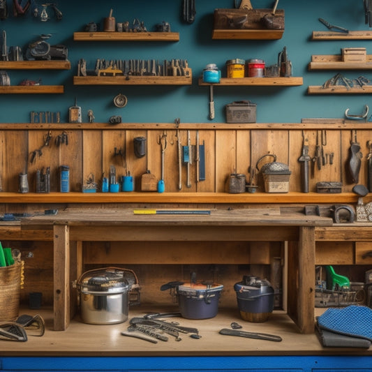 A clutter-free workshop with a wooden workbench, surrounded by organized tool holders, pegboards, and hooks, featuring a prominent key holder made of metal or reclaimed wood, with various keys hanging from it.